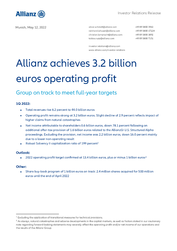 安联保险集团（ALLIANZ）2022年第一季度财报（英文版）