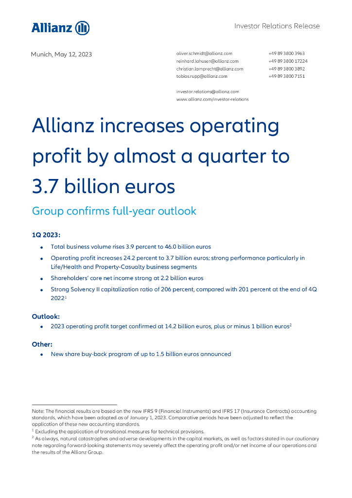 安联保险集团（ALLIANZ）2023年第一季度财报（英文版）