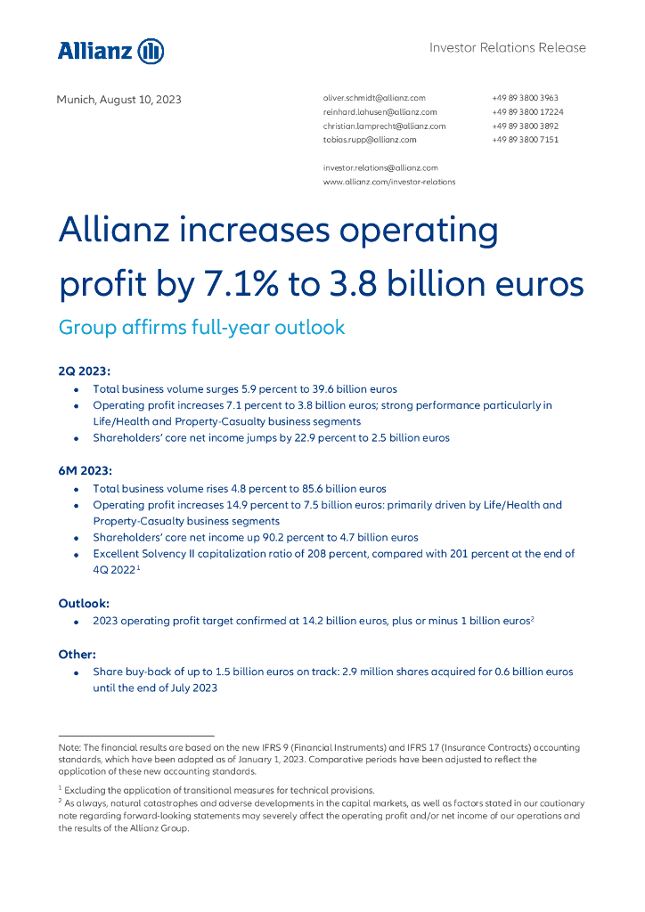 安联保险集团（ALLIANZ）2023年第二季度财报（英文版）