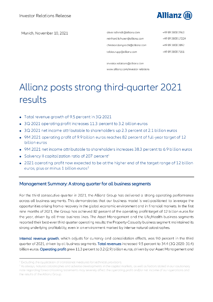 安联保险集团（ALLIANZ）2021年第三季度财报（英文版）