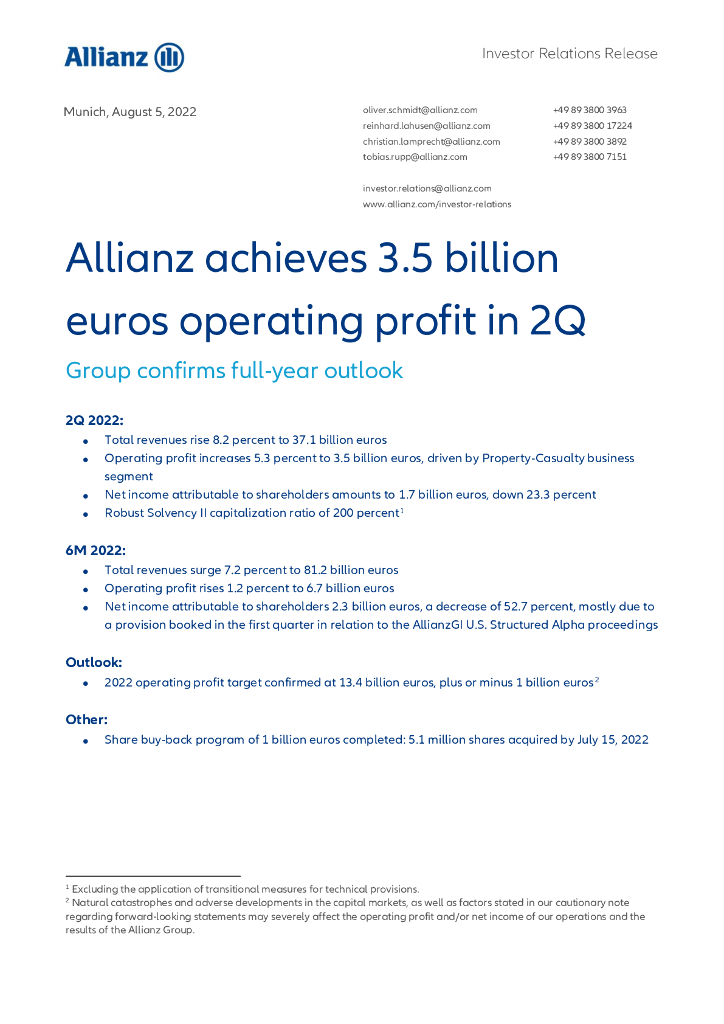 安联保险集团（ALLIANZ）2022年第二季度财报（英文版）