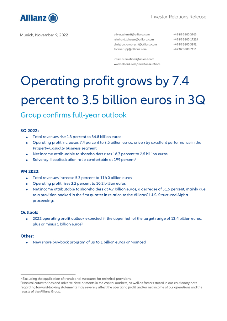安联保险集团（ALLIANZ）2022年第三季度财报（英文版）