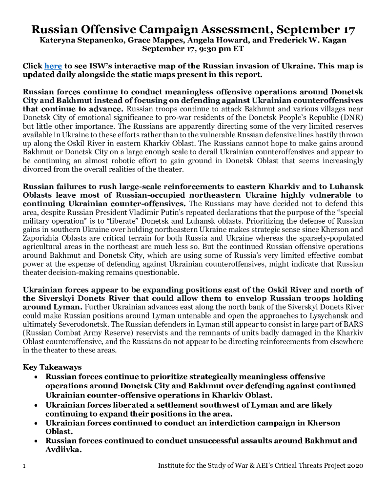 美国战争研究所（ISW）：俄罗斯进攻战役评估，2023年9月17日（英文版）