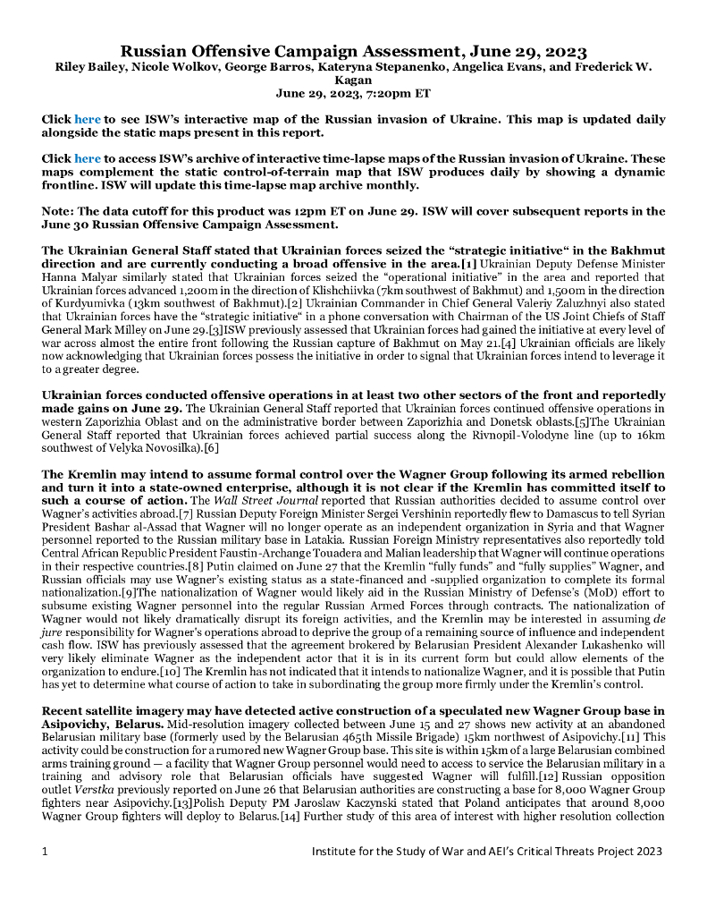 美国战争研究所（ISW）：俄罗斯进攻战役评估，2023年6月29日（英文版）