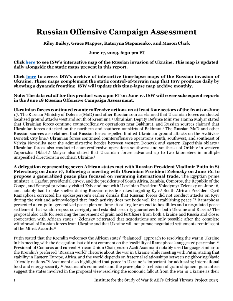 美国战争研究所（ISW）：俄罗斯进攻战役评估，2023年6月17日（英文版）
