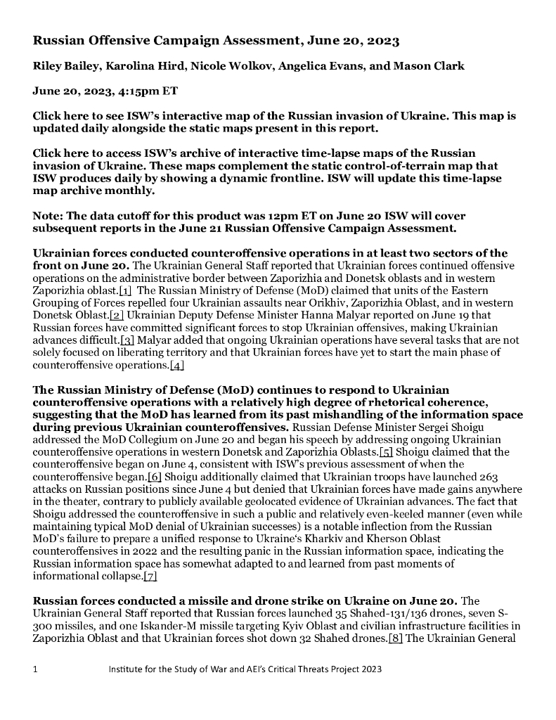美国战争研究所（ISW）：俄罗斯进攻战役评估，2023年6月20日（英文版）