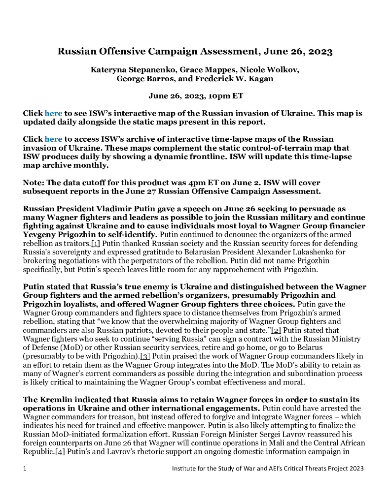 美国战争研究所（ISW）：俄罗斯进攻战役评估，2023年6月26日（英文版）
