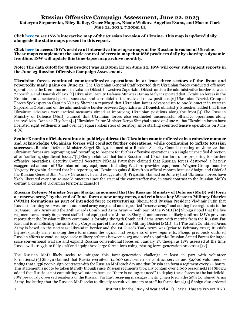 美国战争研究所（ISW）：俄罗斯进攻战役评估，2023年6月22日（英文版）