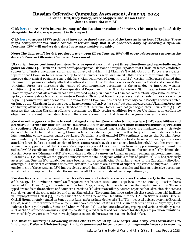 美国战争研究所（ISW）：俄罗斯进攻战役评估，2023年6月15日（英文版）