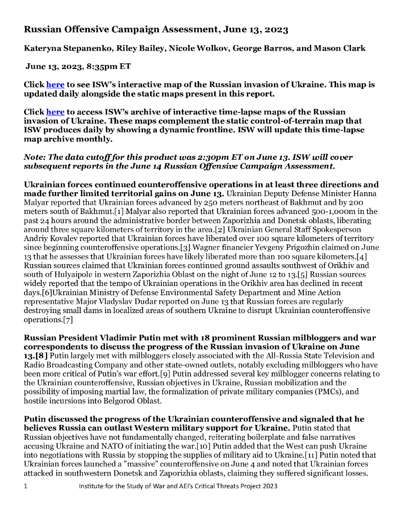 美国战争研究所（ISW）：俄罗斯进攻战役评估，2023年6月13日（英文版）