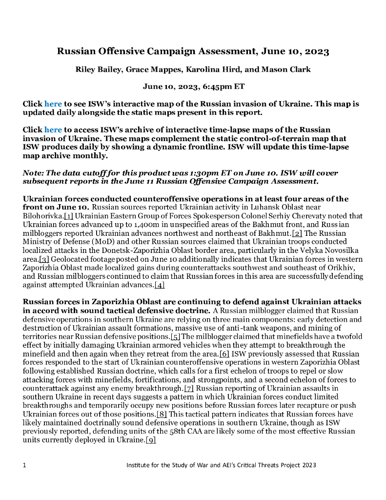 美国战争研究所（ISW）：俄罗斯进攻战役评估，2023年6月10日（英文版）