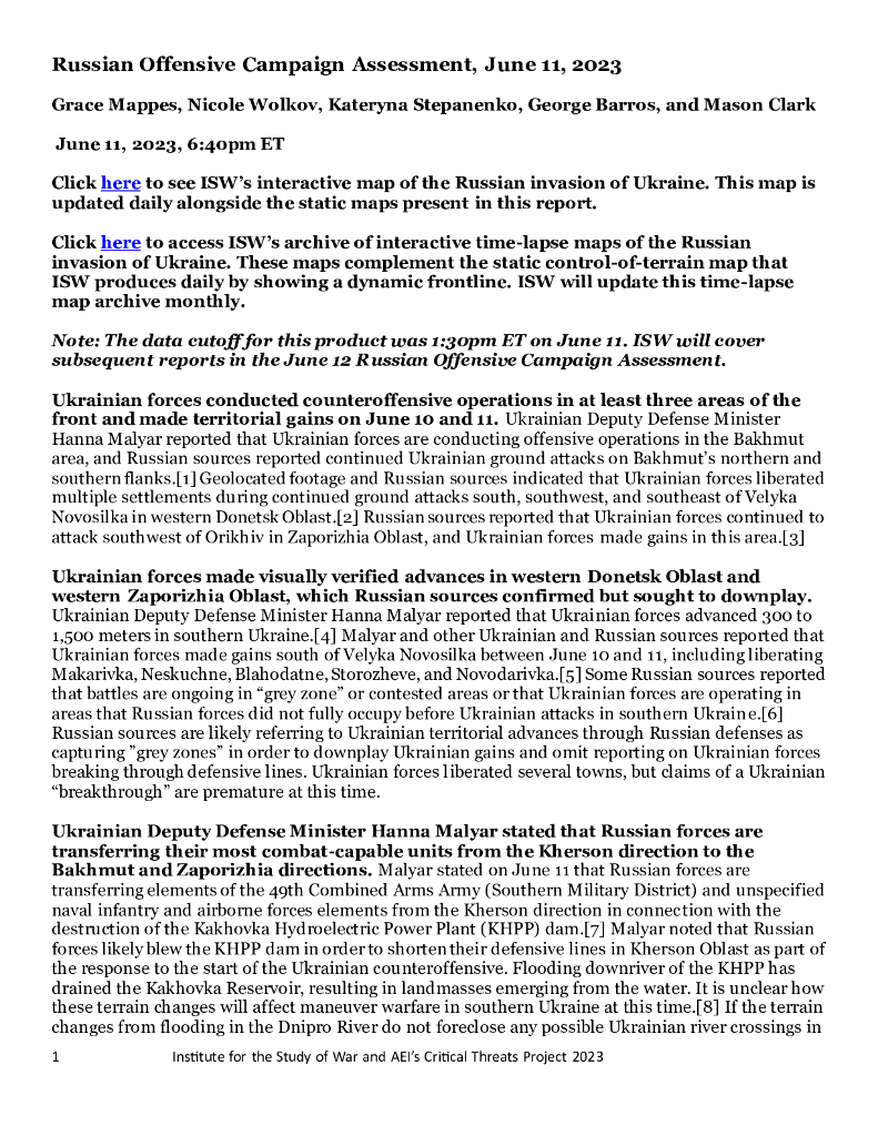 美国战争研究所（ISW）：俄罗斯进攻战役评估，2023年6月11日（英文版）