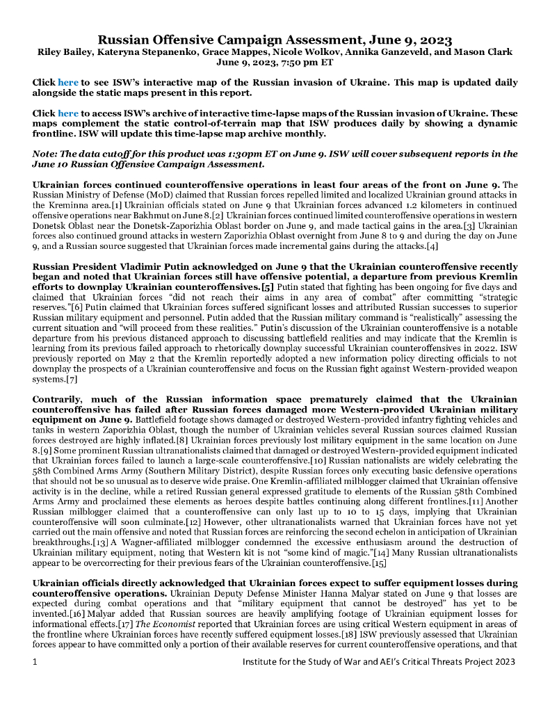 美国战争研究所（ISW）：俄罗斯进攻战役评估，2023年6月9日（英文版）