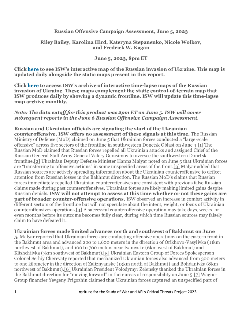 美国战争研究所（ISW）：俄罗斯进攻战役评估，2023年6月5日（英文版）