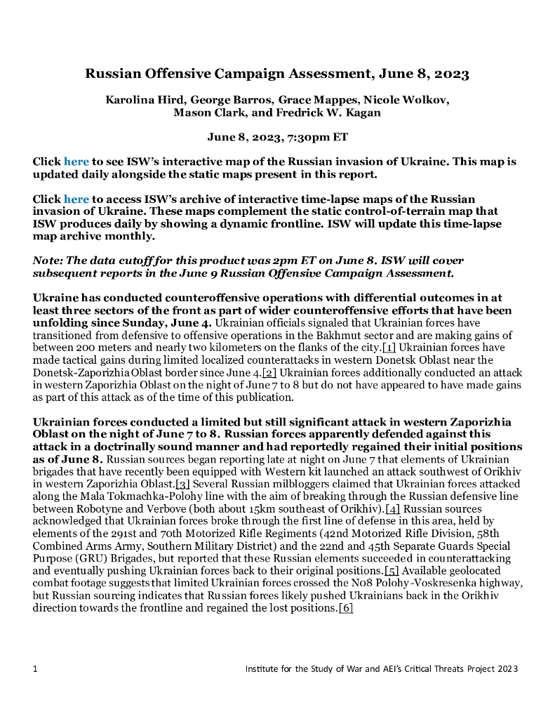 美国战争研究所（ISW）：俄罗斯进攻战役评估，2023年6月8日（英文版）