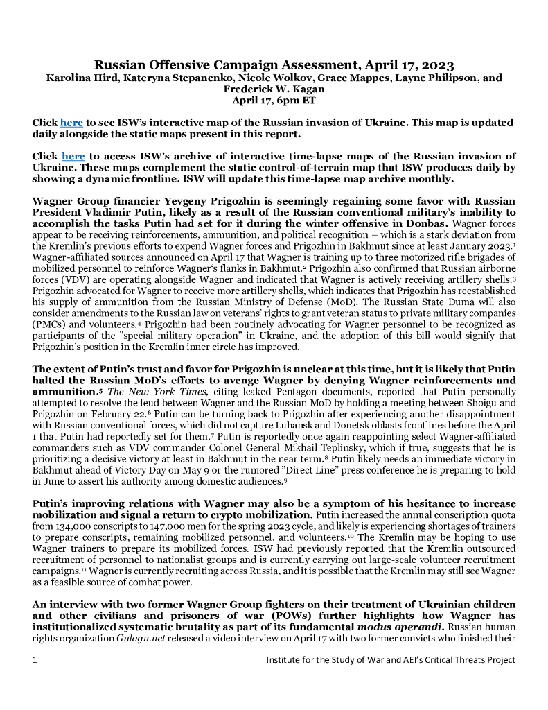 美国战争研究所（ISW）：俄罗斯进攻战役评估，2023年4月17日（英文版）
