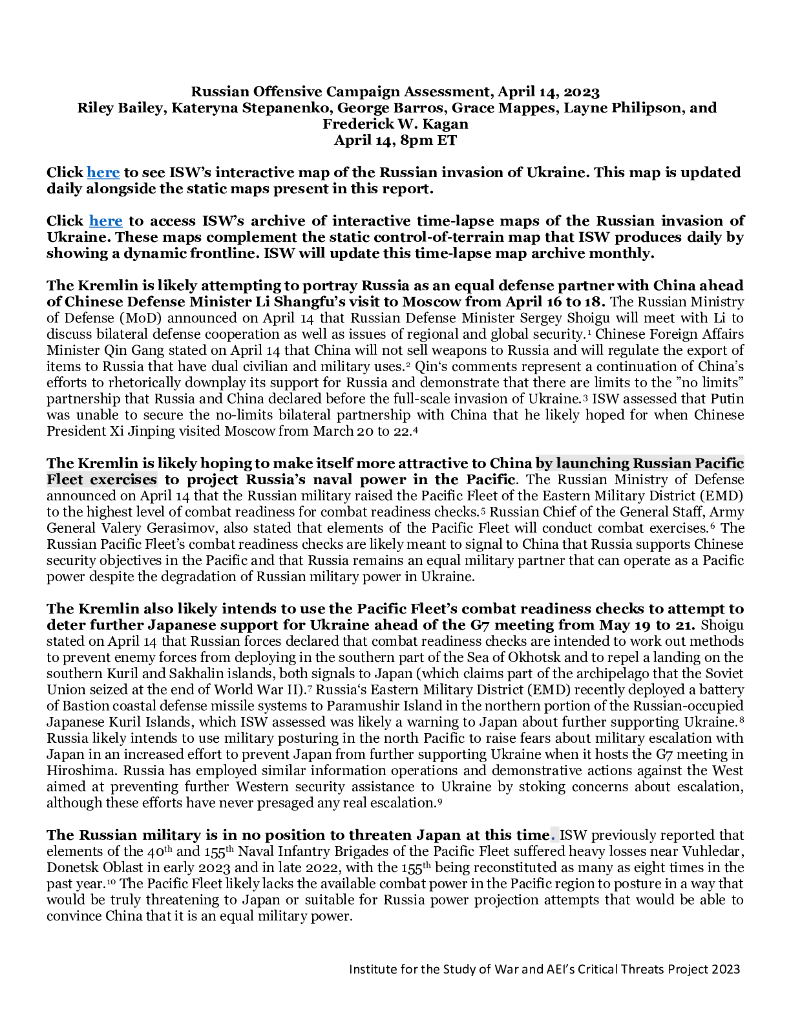 美国战争研究所（ISW）：俄罗斯进攻战役评估，2023年4月14日（英文版）