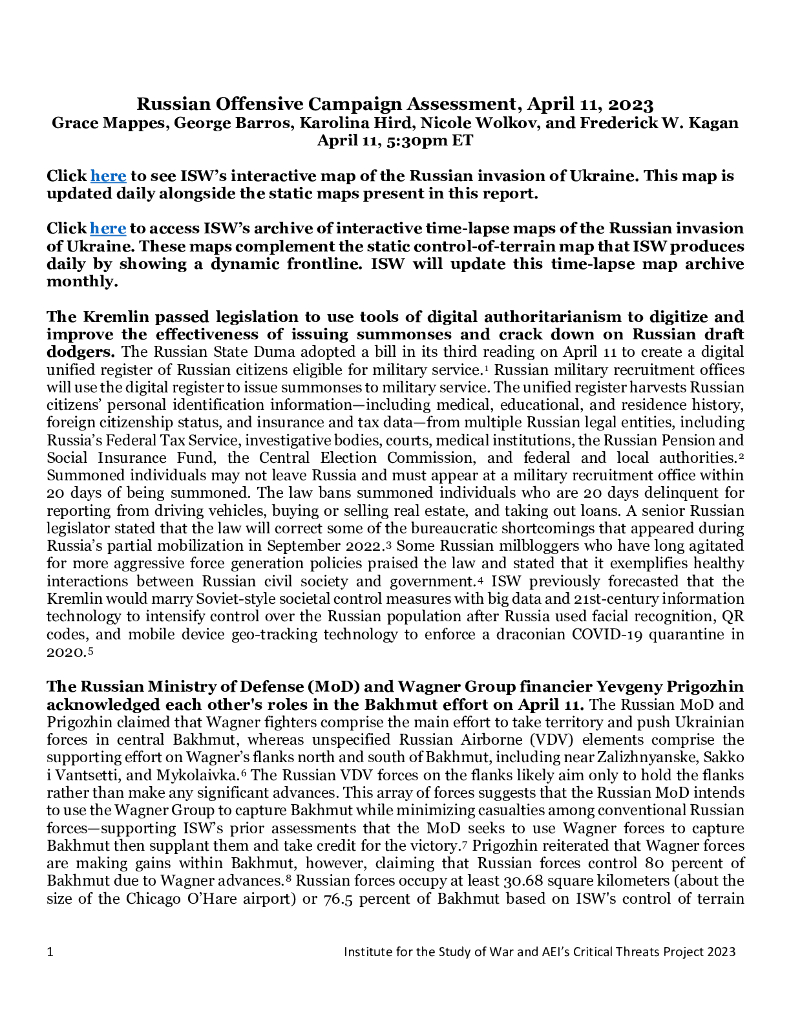 美国战争研究所（ISW）：俄罗斯进攻战役评估，2023年4月11日（英文版）