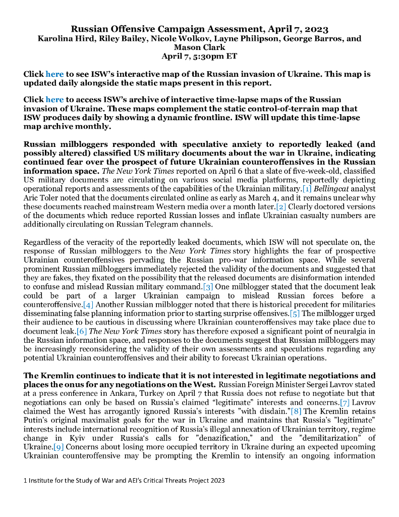 美国战争研究所（ISW）：俄罗斯进攻战役评估，2023年4月7日（英文版）