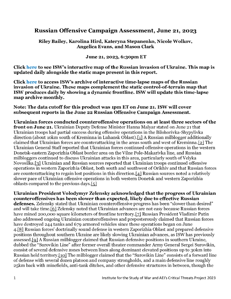 美国战争研究所（ISW）：俄罗斯进攻战役评估，2023年6月21日（英文版）