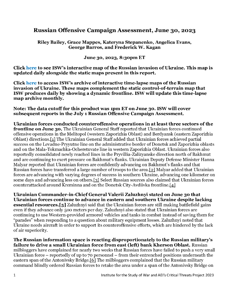 美国战争研究所（ISW）：俄罗斯进攻战役评估，2023年6月30日（英文版）