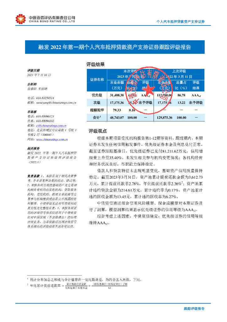 中债资信：融发2022年第一期个人汽车抵押贷款资产支持证券跟踪评级报告