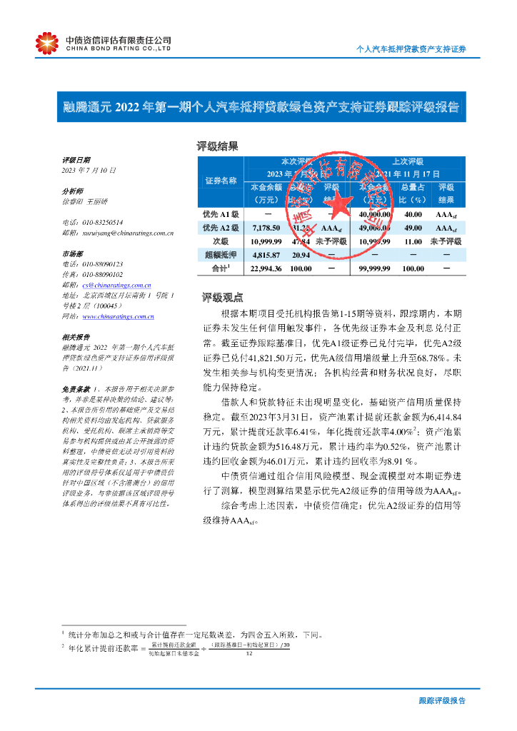 中债资信：融腾通元2022年第一期个人汽车抵押贷款绿色资产支持证券跟踪评级报告