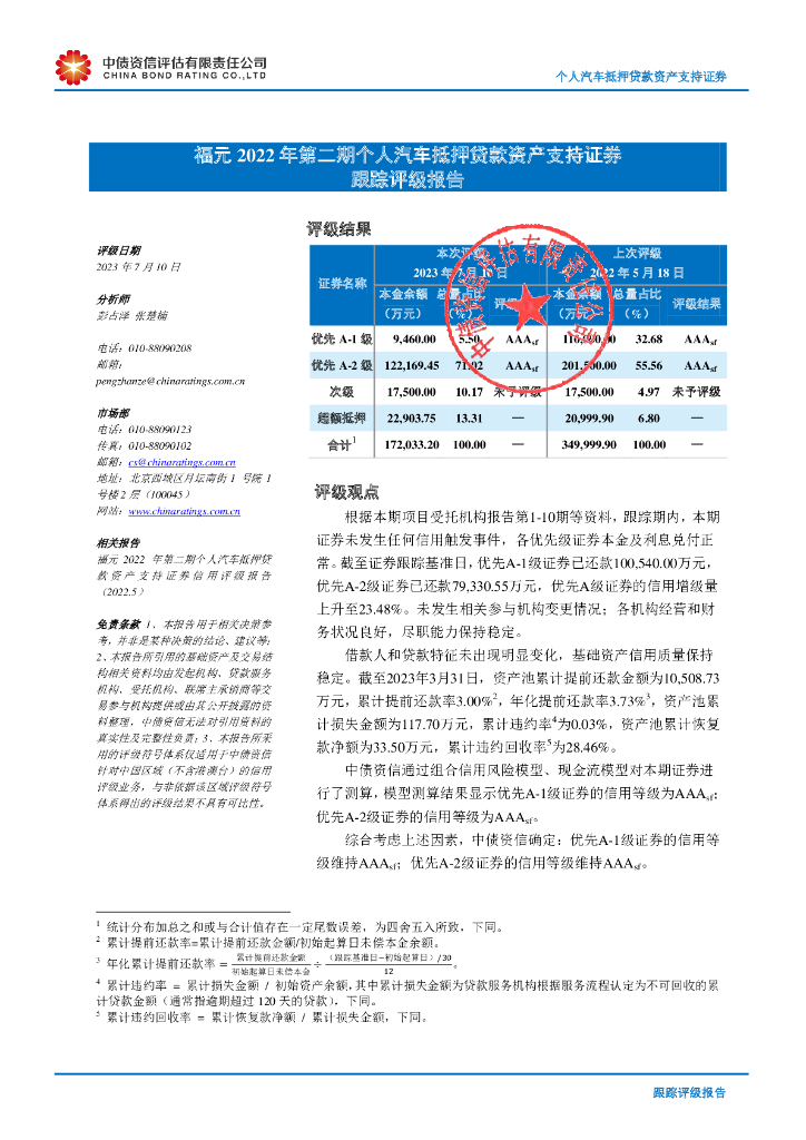 中债资信：福元2022年第二期个人汽车抵押贷款资产支持证券跟踪评级报告