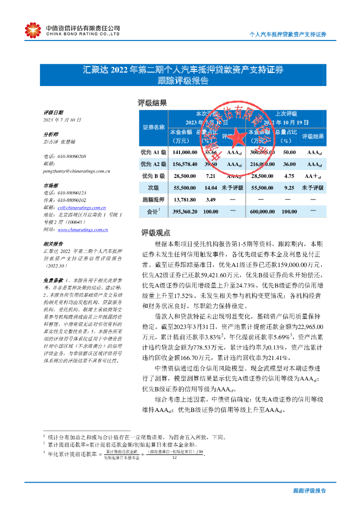 中债资信：汇聚达2022年第二期个人汽车抵押贷款资产支持证券跟踪评级报告