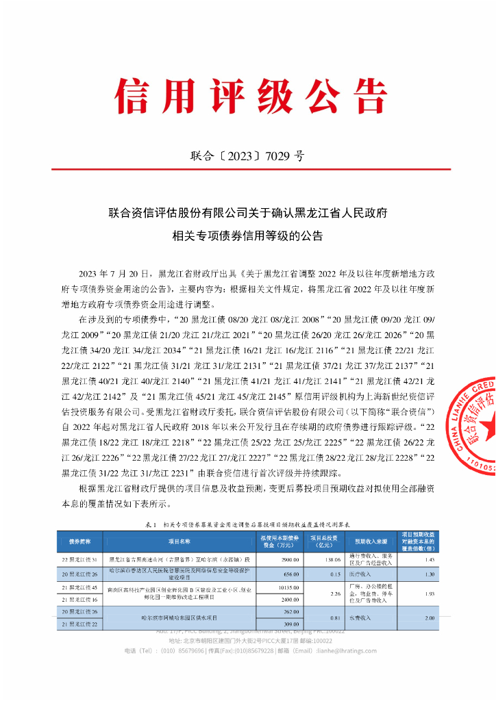 联合资信：联合资信评估股份有限公司关于确认黑龙江省人民政府相关专项债券信用等级的公告