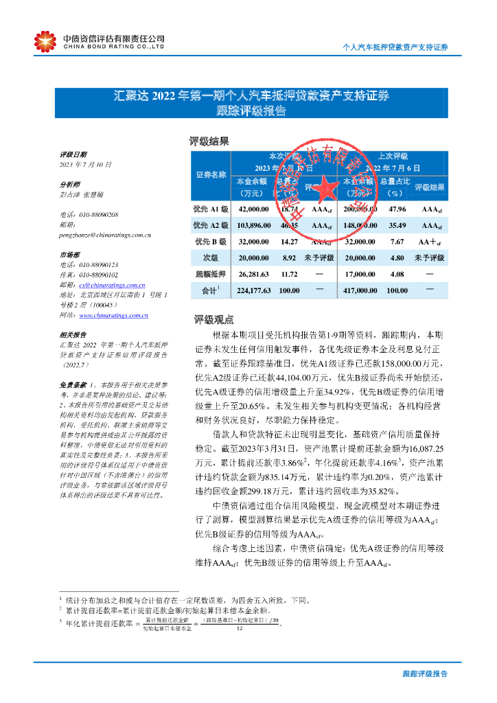 中债资信：汇聚达2022年第一期个人汽车抵押贷款资产支持证券跟踪评级报告