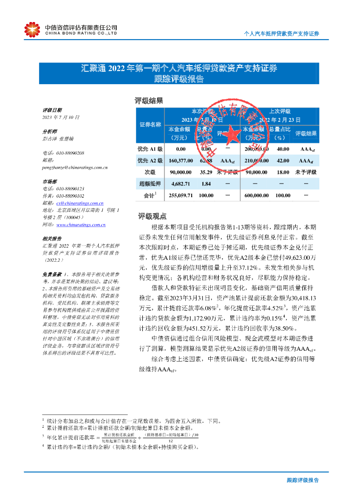 中债资信：汇聚通2022年第一期个人汽车抵押贷款资产支持证券跟踪评级报告