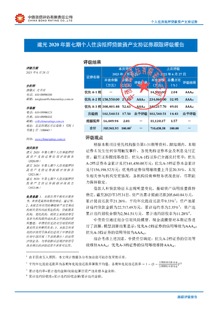 中债资信：建元2020年第七期个人住房抵押贷款资产支持证券2023年跟踪评级