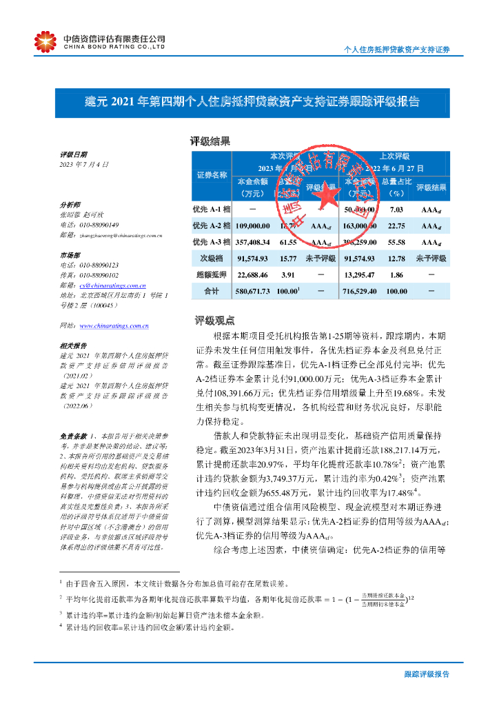 中债资信：建元2021年第四期个人住房抵押贷款资产支持证券2023年跟踪评级
