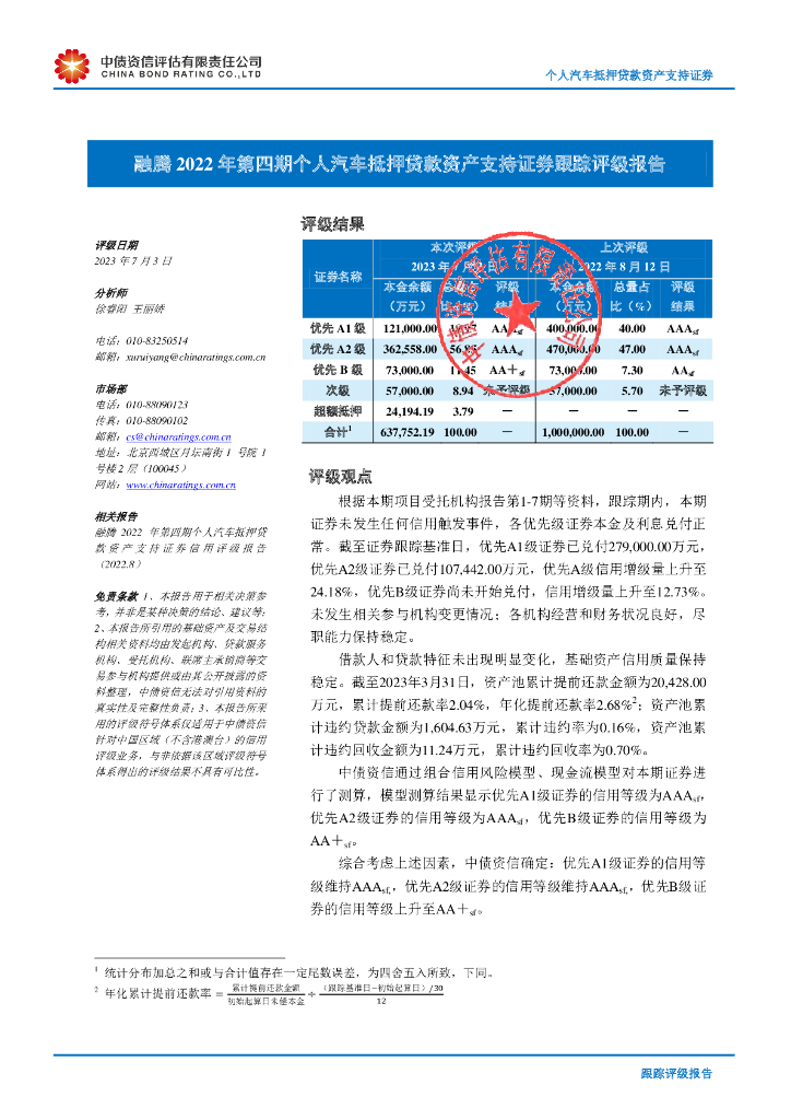 中债资信：融腾2022年第四期个人汽车抵押贷款资产支持证券跟踪评级报告