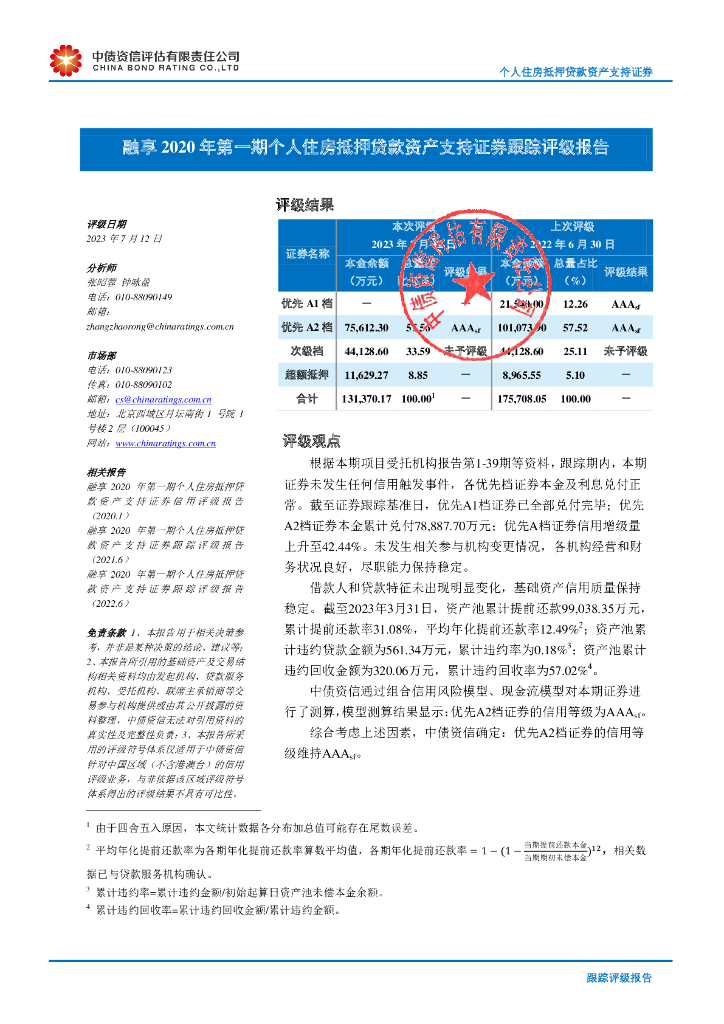 中债资信：融享2020年第一期个人住房抵押贷款资产支持证券跟踪评级报告