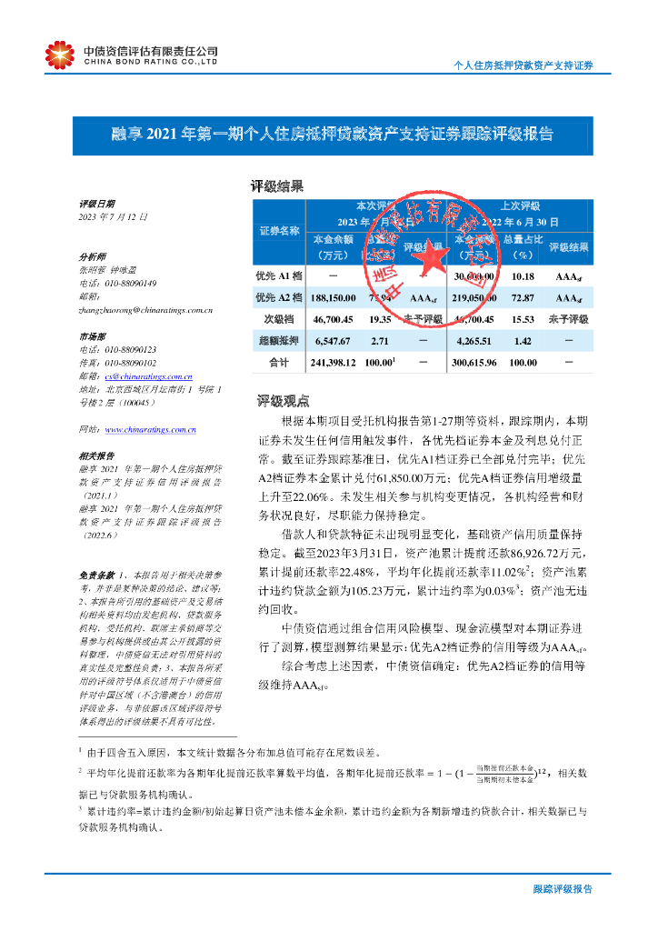 中债资信：融享2021年第一期个人住房抵押贷款资产支持证券跟踪评级报告