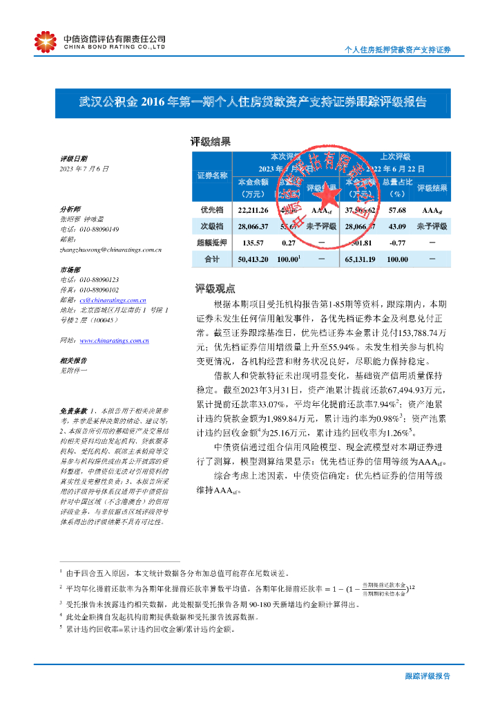 中债资信：武汉公积金2016年第一期个人住房贷款资产支持证券跟踪评级报告