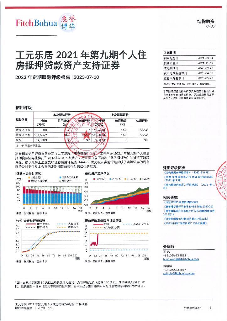 惠誉博华：工元乐居2021年第九期个人住房抵押贷款资产支持证券2023年定期跟踪评级报告