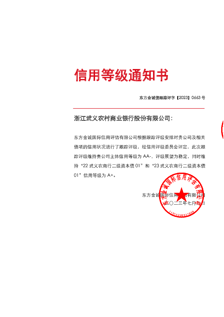 东方金诚：浙江武义农村商业银行股份有限公司主体及相关债项2023年度跟踪评级报告