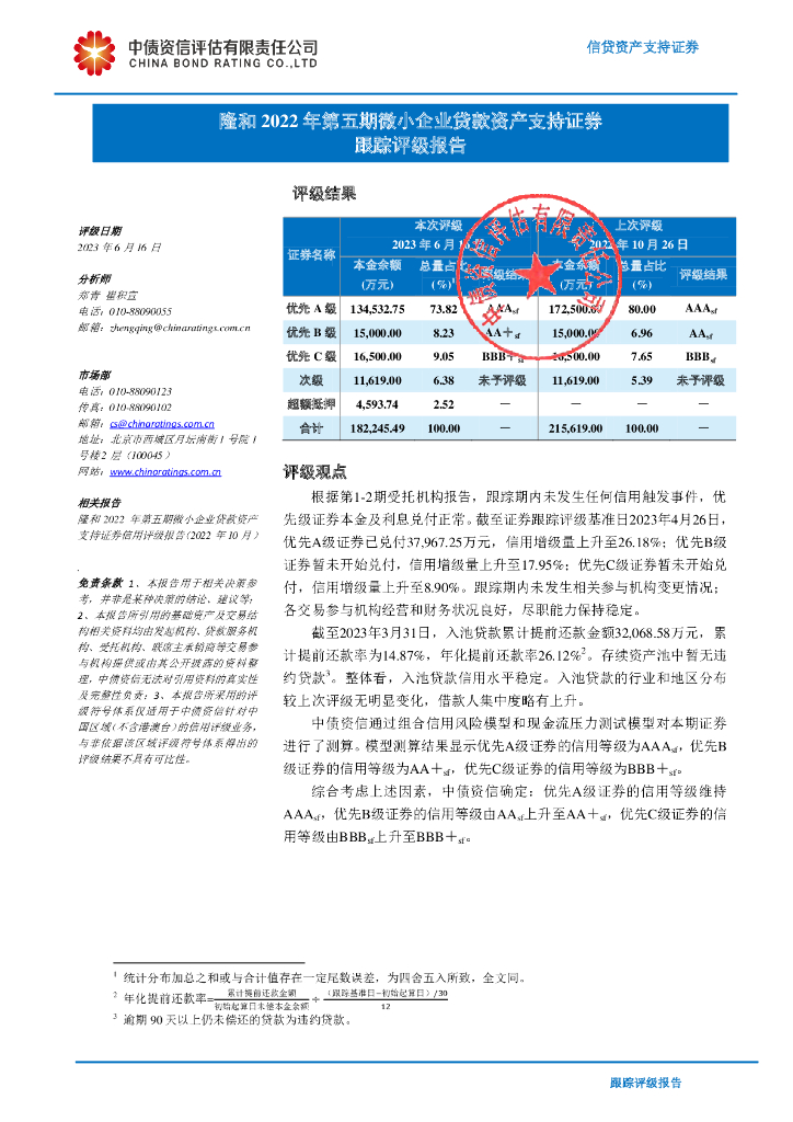 中债资信：隆和2022年第五期微小企业贷款资产支持证券跟踪评级报告