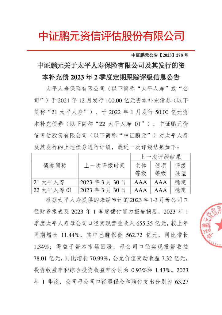 鹏元：中证鹏元关于太平人寿保险有限公司及其发行的资本补充债2023年2季度定期跟踪评级信息公告
