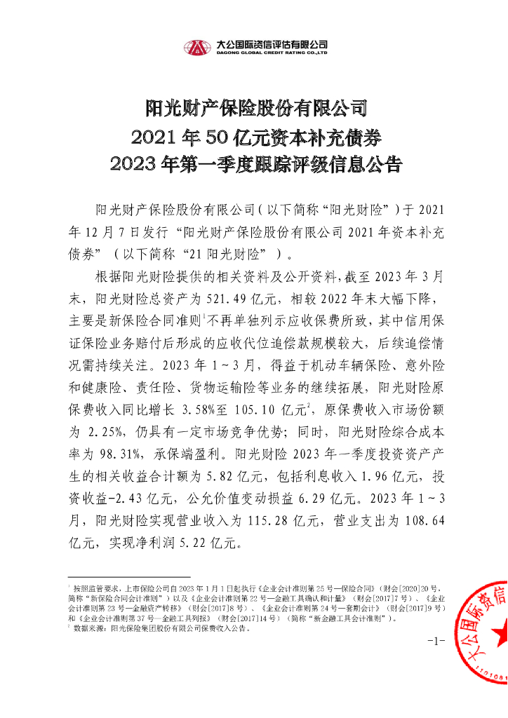 大公：阳光财产保险股份有限公司2021年50亿元资本补充债券2023年第一季度跟踪评级信息公告