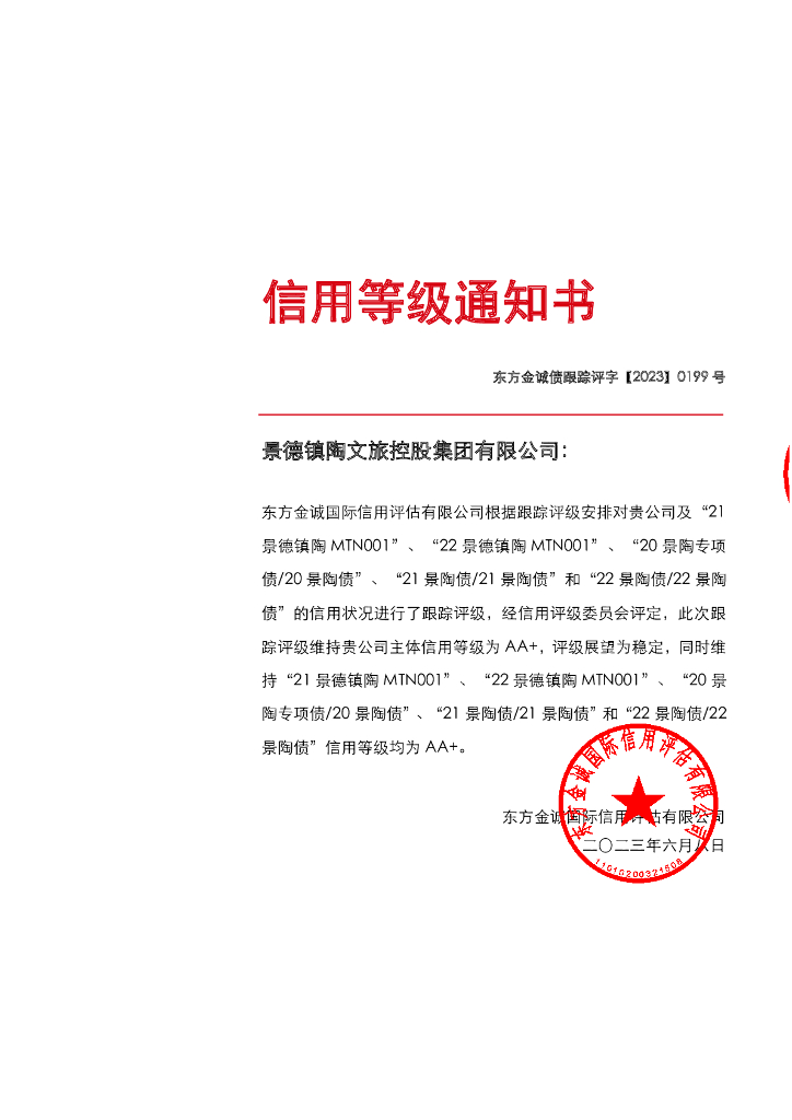 东方金诚：景德镇陶文旅控股集团有限公司2023年度主体及相关债项年度跟踪评级报告