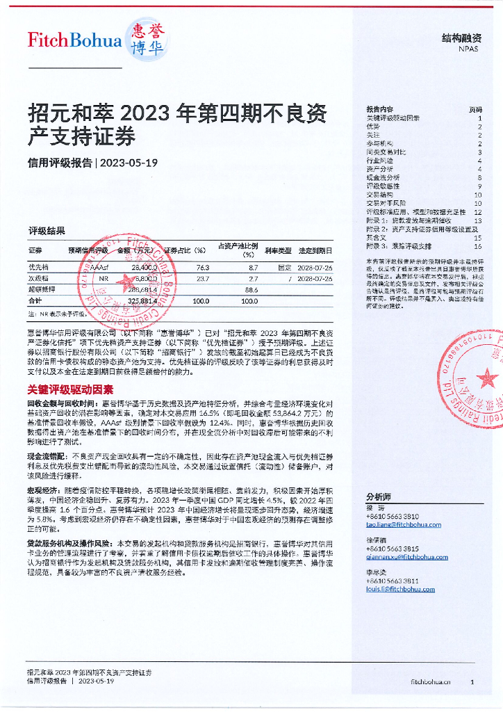 惠誉博华：招元和萃2023年第四期不良资产支持证券评级报告