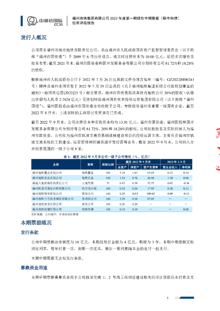 中诚信：福州地铁集团有限公司2023年度第一期绿色中期票据(碳中和债)信用评级报告_第5页