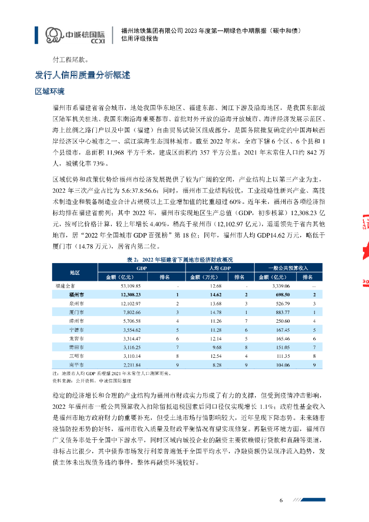 中诚信：福州地铁集团有限公司2023年度第一期绿色中期票据(碳中和债)信用评级报告_第6页