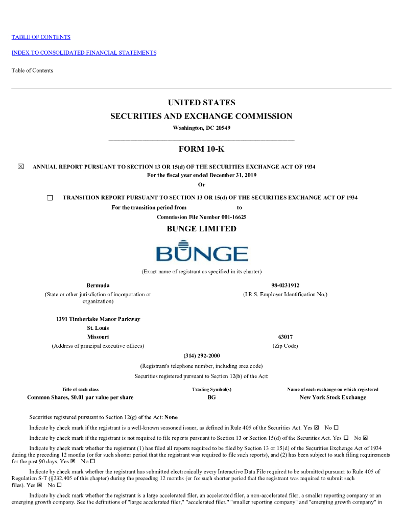 邦吉公司（BUNGE）：2019年年度财报（英文版）