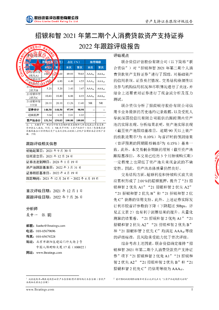 联合资信：招银和智2021年第二期个人消费贷款资产支持证券2022年跟踪评级报告