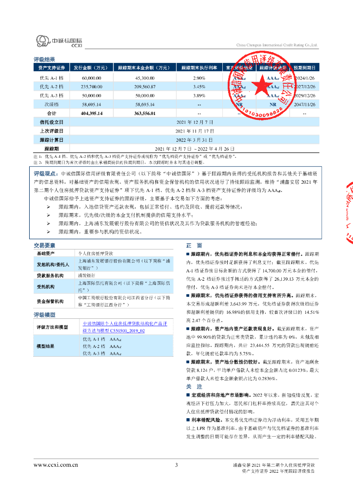 中诚信：浦鑫安居2021年第二期个人住房抵押贷款资产支持证券2022年度跟踪评级报告